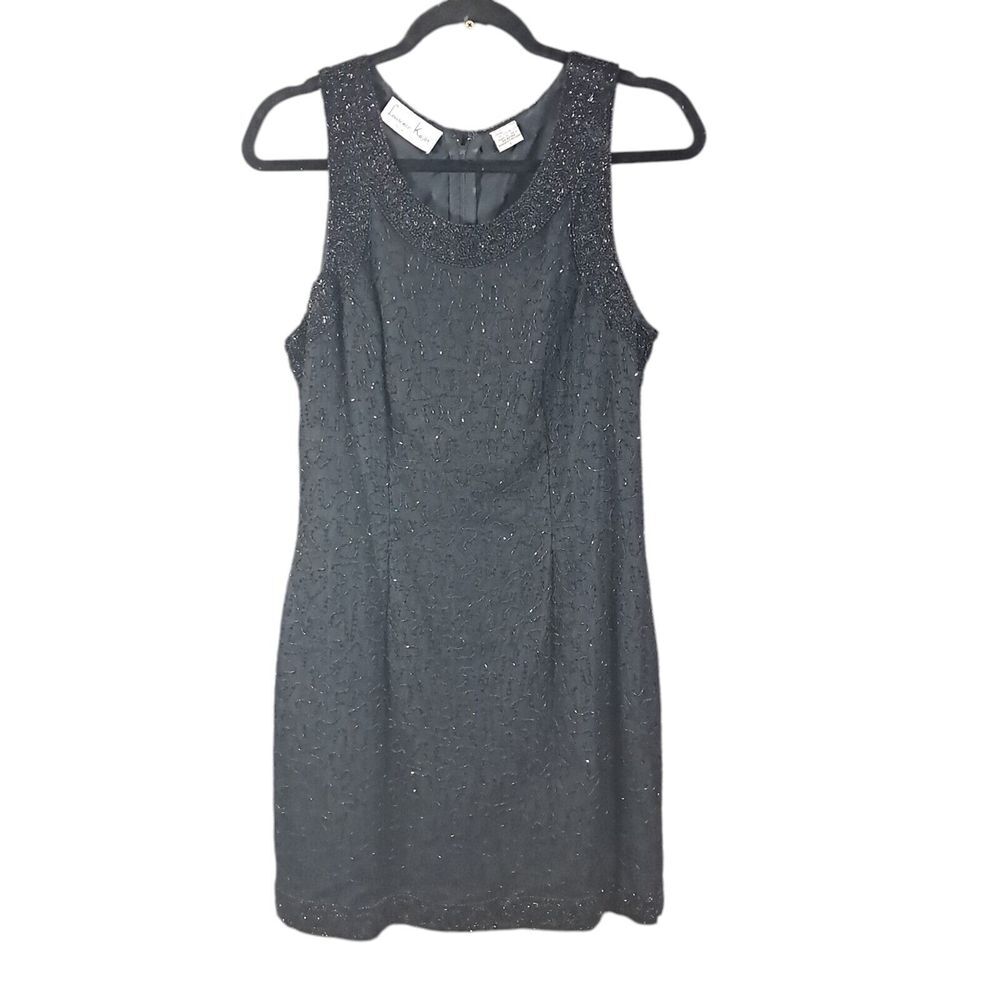Vintage Laurence Kazar Beaded Sleeveless Dress Black Silk Cocktail Mini Large - Picture 1 of 11